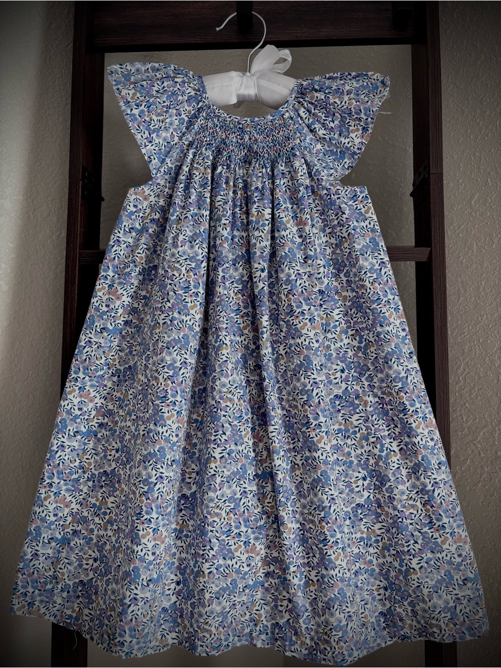 Smocked Flutter-Sleeve Floral Dress in Light Blue for Kids